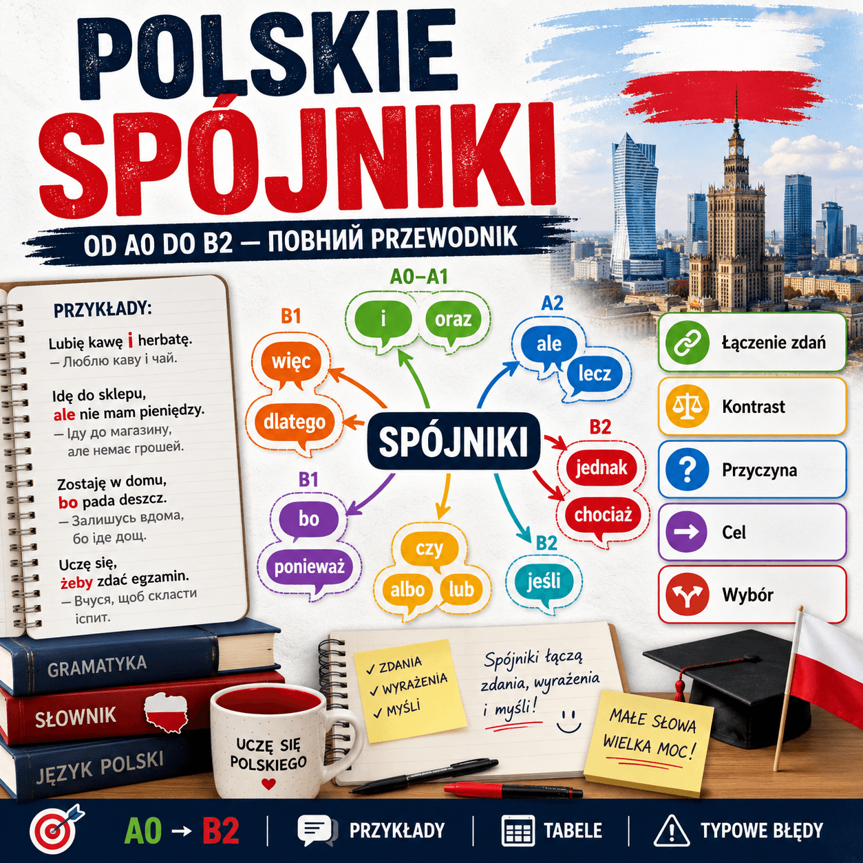 Polskie spójniki od A0 do B2 — przewodnik