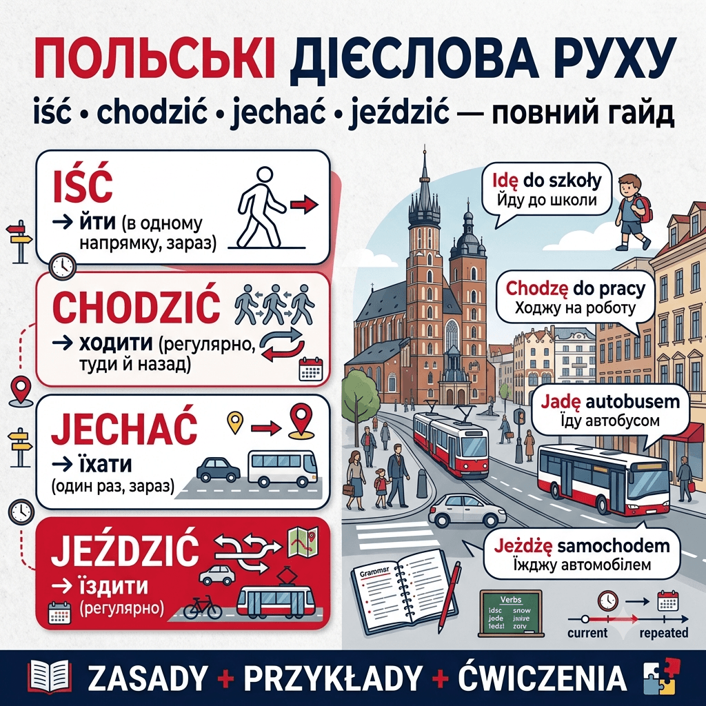 Польські дієслова руху: iść, chodzić, jechać, jeździć, biec, lecieć — повний гайд для українців
